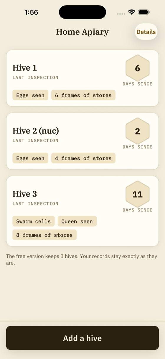 Hive list showing days since last inspection and recorded flags