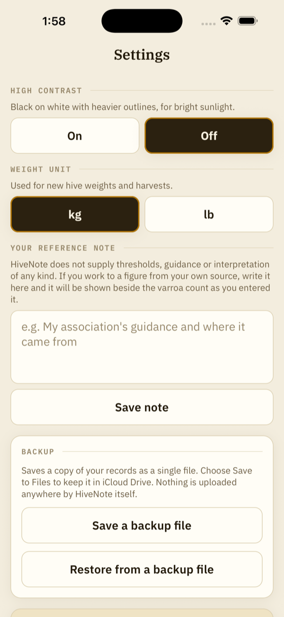 Settings, showing the high contrast toggle and the user's own reference note